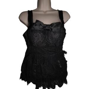 Black Lace Babydoll Corset Style Tank Top Satin Bow Fairy Grunge Witchy Goth M